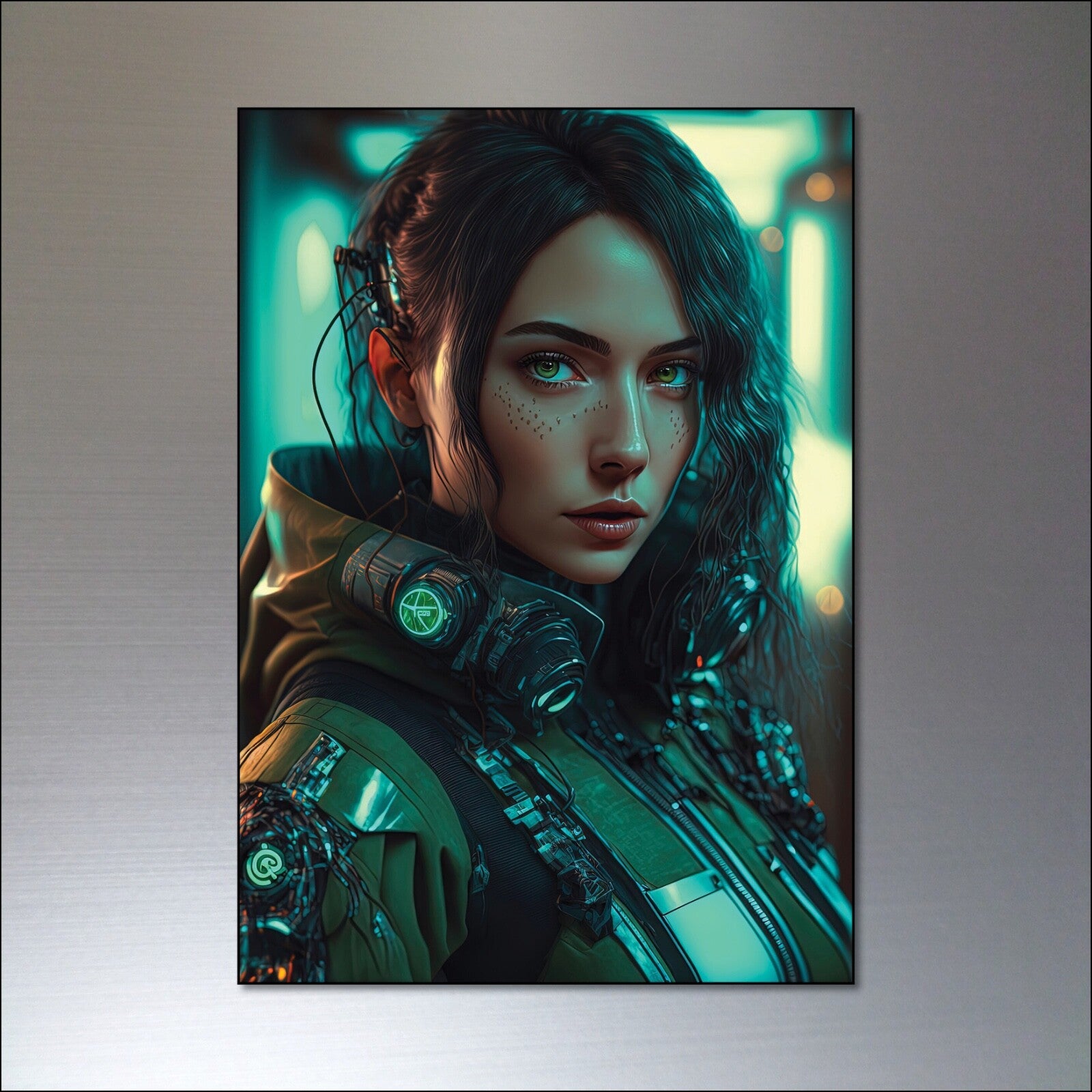 Set of 8 cyberpunk and steampunk women superhero fridge magnets featuring vibrant, detailed designs on metallic surfaces.
