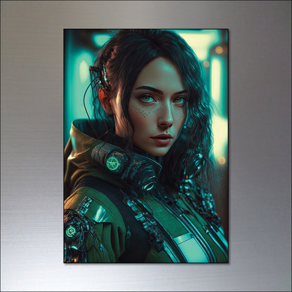 Set of 8 cyberpunk and steampunk women superhero fridge magnets featuring vibrant, detailed designs on metallic surfaces.