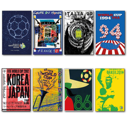 Set of 8 vintage football World Cup posters fridge magnets from 1986-2014, featuring colorful tournament images and team logos.