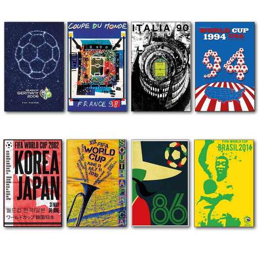 Set of 8 vintage football World Cup posters fridge magnets from 1986-2014, featuring colorful tournament images and team logos.