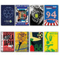 Set of 8 vintage football World Cup posters fridge magnets from 1986-2014, featuring colorful tournament images and team logos.
