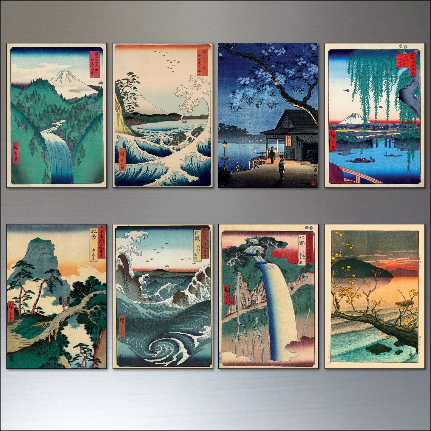 Set of vintage Japanese ukiyo-e wood block art magnets showcasing traditional Japanese scenes and designs for refrigerators.