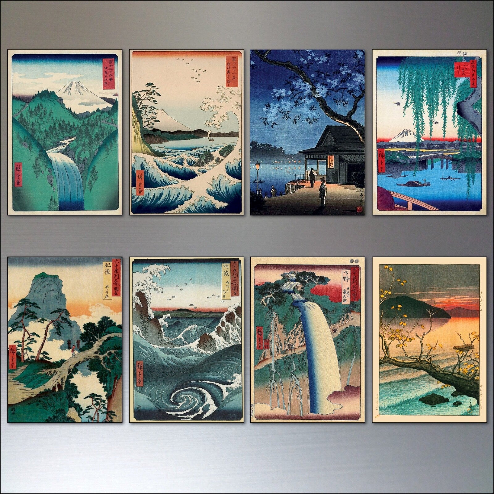 Set of vintage Japanese ukiyo-e wood block art magnets showcasing traditional Japanese scenes and designs for refrigerators.