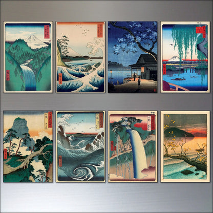 Set of vintage Japanese ukiyo-e wood block art magnets showcasing traditional Japanese scenes and designs for refrigerators.