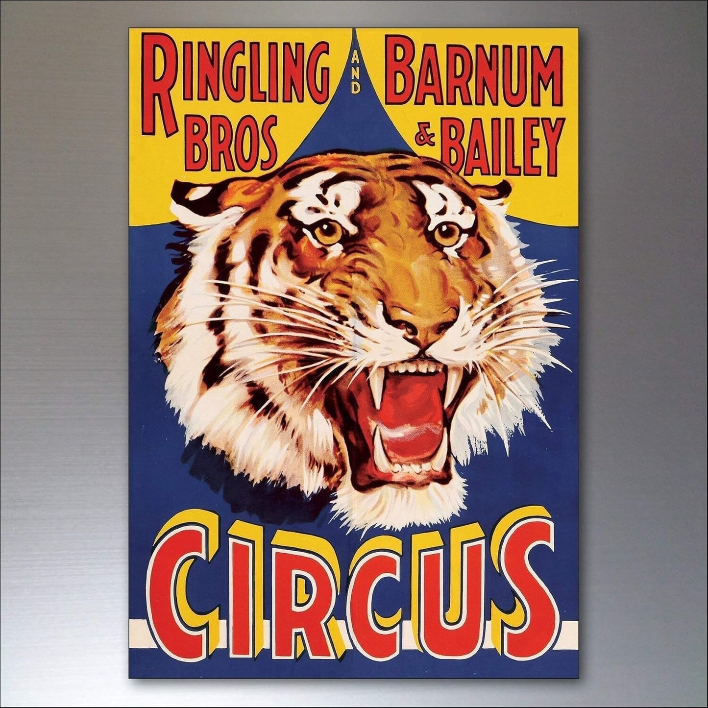 Set of 8 vintage circus and performance posters fridge magnets with colorful, retro designs and classic entertainment imagery.