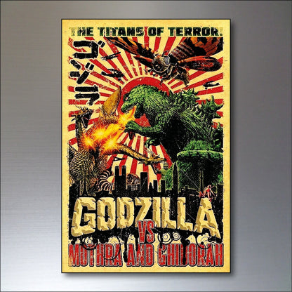 Set of 8 vintage Godzilla film poster fridge magnets featuring classic monster images, perfect for collectible fridge decor.