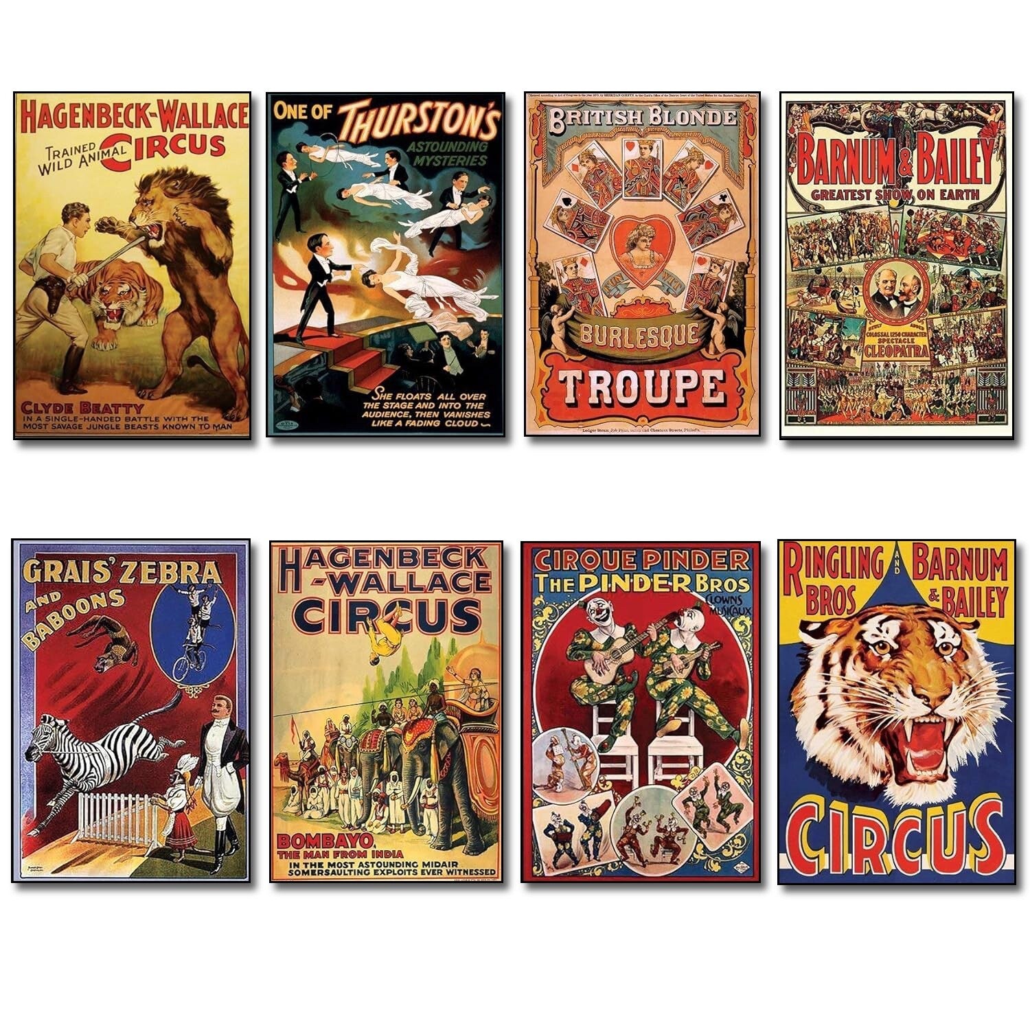 Set of 8 vintage circus and performance posters fridge magnets by Showman, featuring colorful, nostalgic circus-themed designs.