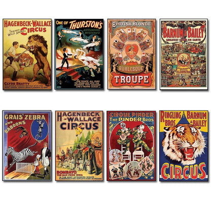Set of 8 vintage circus and performance posters fridge magnets by Showman, featuring colorful, nostalgic circus-themed designs.