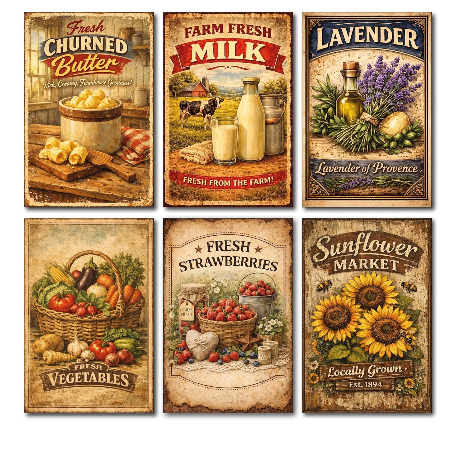 Set of 6 vintage farm foods and produce fridge magnets, flexible and large, featuring colorful farm-themed images.