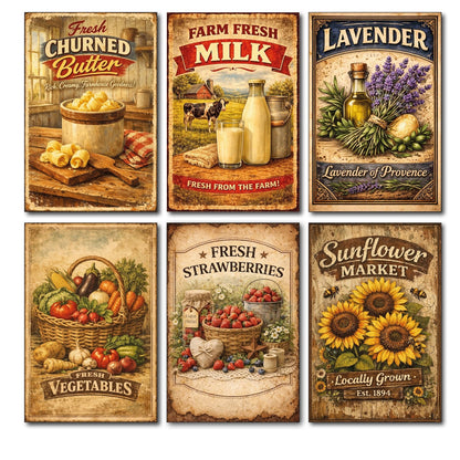 Set of 6 vintage farm foods and produce fridge magnets, flexible and large, featuring colorful farm-themed images.