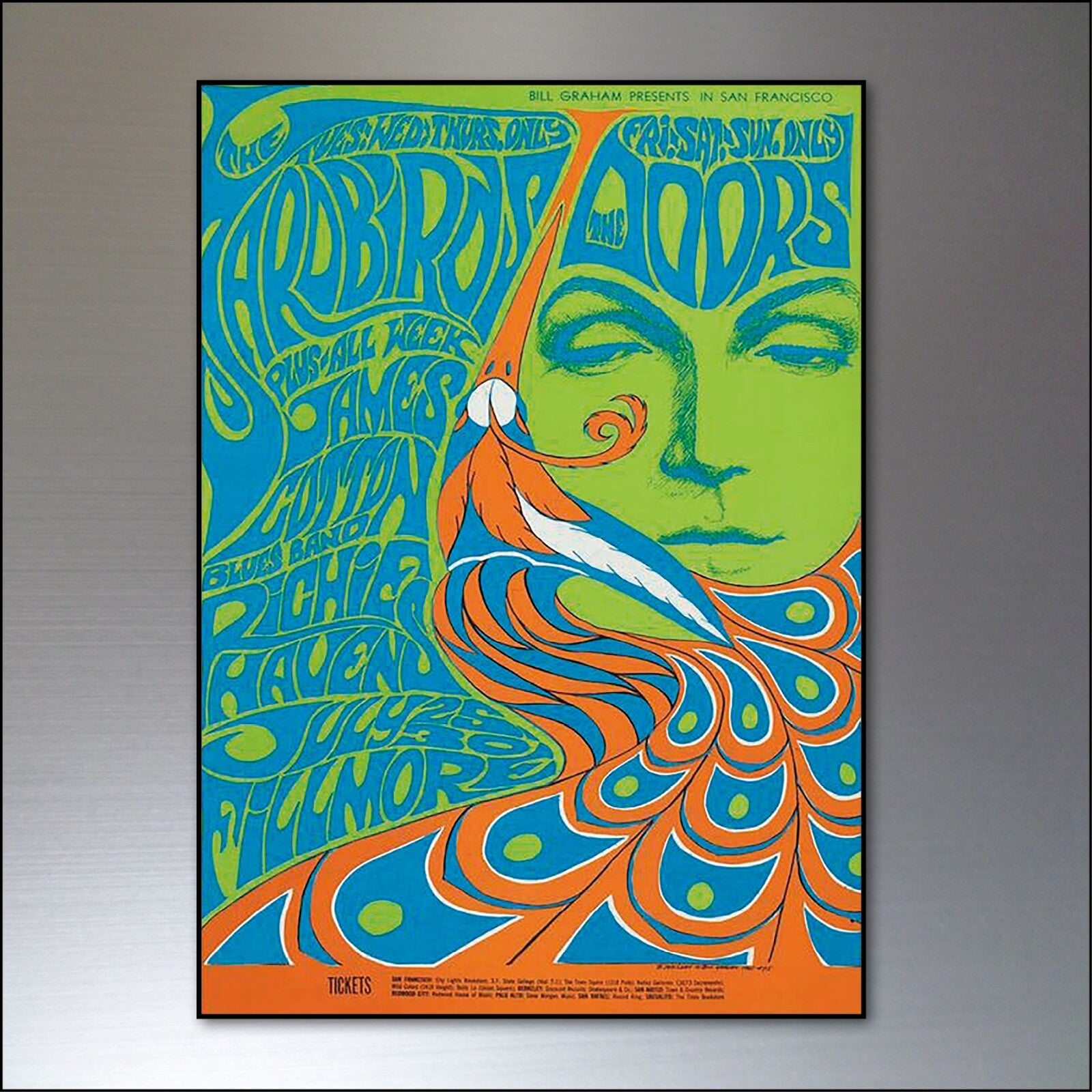 Set of 8 vintage 1960s and 70s psychedelic music posters fridge magnets showing colorful retro designs and vibrant artwork.