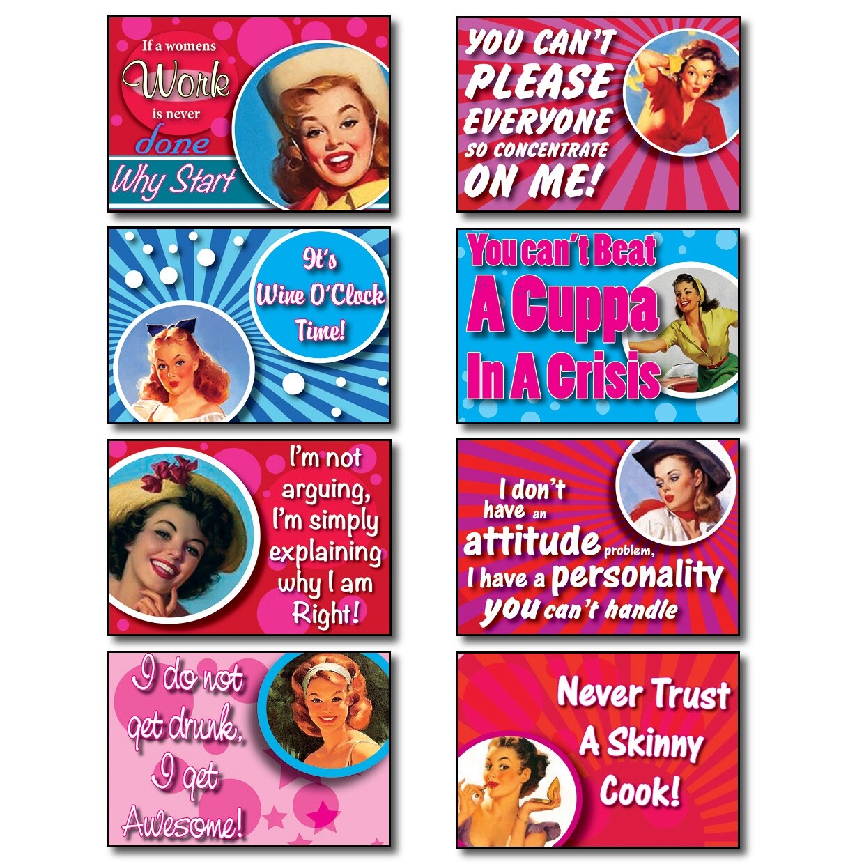 Set of 8 humorous and inspirational fridge magnets with funny quotes, featuring colorful designs and playful typography.