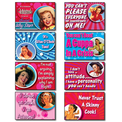 Set of 8 humorous and inspirational fridge magnets with funny quotes, featuring colorful designs and playful typography.