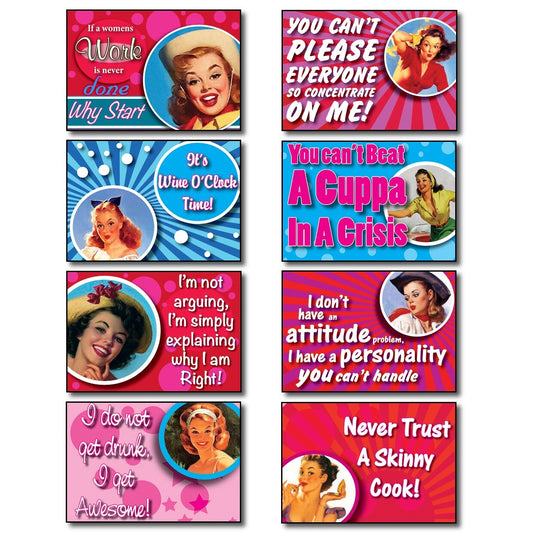 Set of 8 humorous and inspirational fridge magnets with funny quotes, featuring colorful designs and playful typography.
