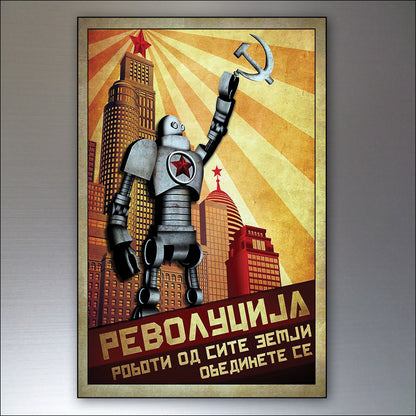 Set of 8 vintage-style robot metropolis sci-fi fridge magnets featuring stylized retro futuristic designs.