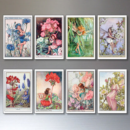 Vintage Fairy Victorian illustration garden fairies fridge magnets set of 8, colorful decorative fairy images on magnetic backing.