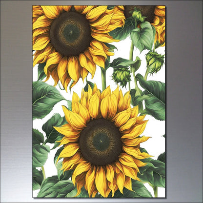 Set of 8 vintage sunflower fridge magnets by Summer featuring sunny sunflower paintings for decorative kitchen accessories.