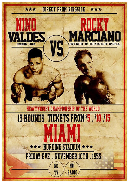 Vintage boxing fight poster print featuring Nino Valdes vs Rocky Marcia, with bold promotional design and classic sports imagery.