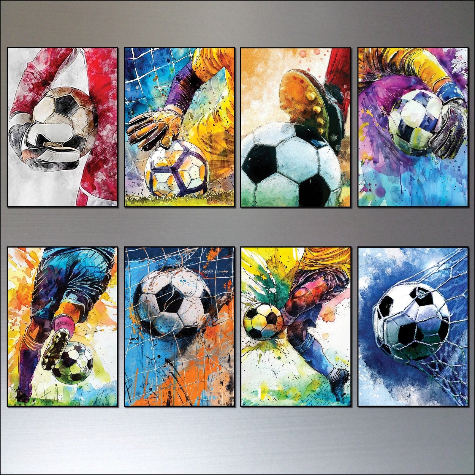 Set of eight vintage-style football-themed fridge magnets featuring world cup designs, by Sports brand, perfect for sports fans.