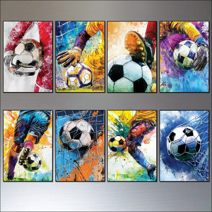 Set of eight vintage-style football-themed fridge magnets featuring world cup designs, by Sports brand, perfect for sports fans.