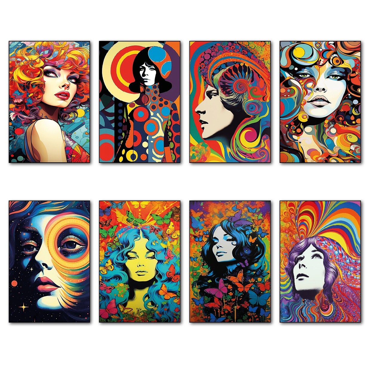 Set of 8 Bubbadoodoo psychedelic kaleidoscope rainbow fridge magnets on a white background