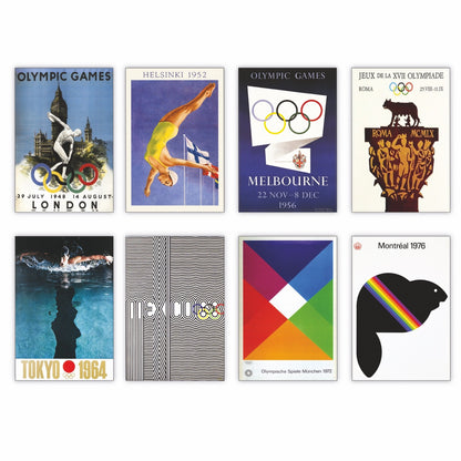Set of 8 vintage Olympic sports fridge magnets featuring colorful posters, ideal for decorating refrigerators or displaying Olympic memorabilia.