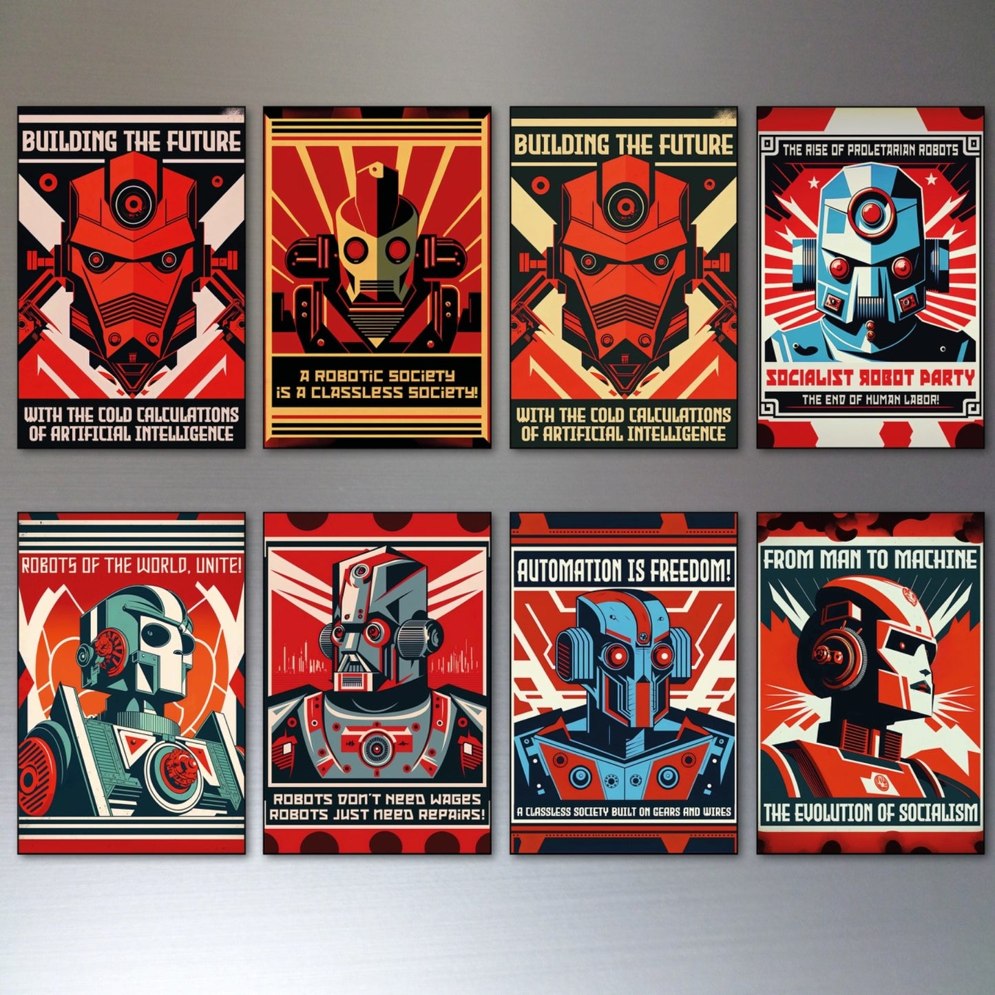 Set of 8 vintage retro sci-fi robot fridge magnets featuring colorful robot artwork, ideal for science fiction decor.