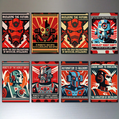 Set of 8 vintage retro sci-fi robot fridge magnets featuring colorful robot artwork, ideal for science fiction decor.