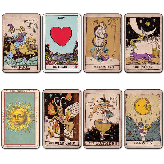 Set of 8 vintage tarot cards fridge magnets featuring retro thin decorative tarot card designs, unbranded collectible decorative magnets.