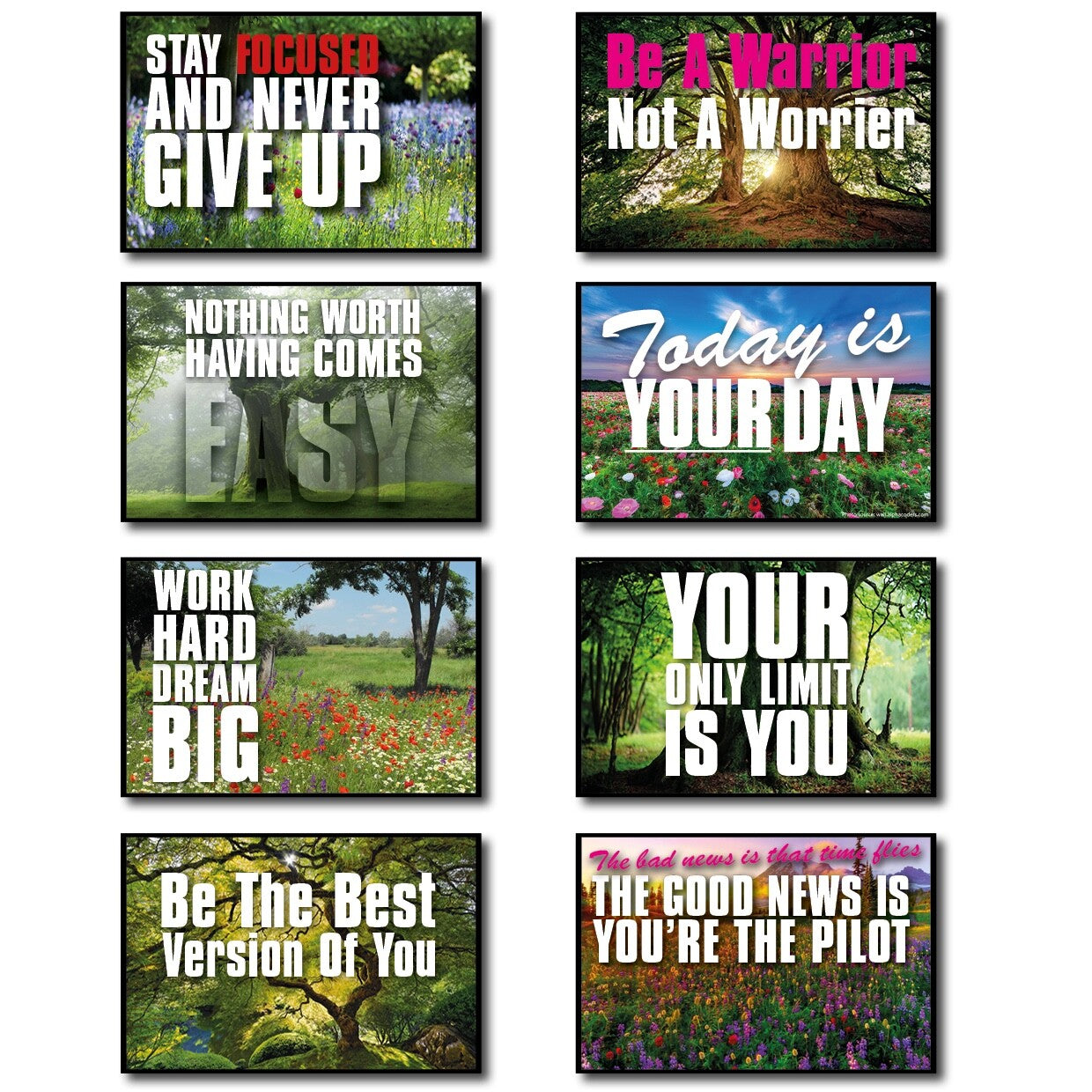 Set of 8 vintage retro fridge magnets featuring motivational and inspirational quotes, with colorful and decorative designs.