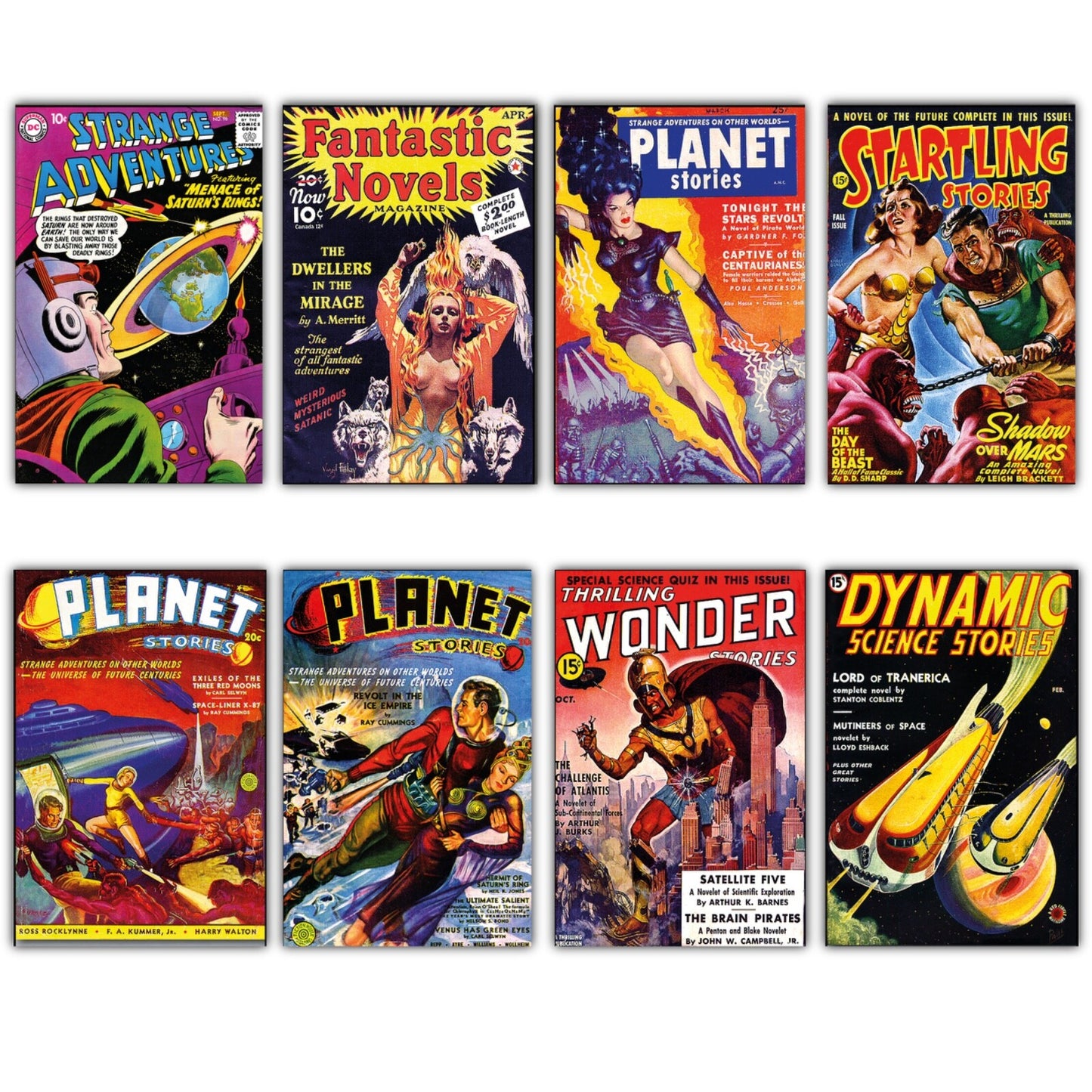 Set of 8 vintage sci-fi novels artwork fridge magnets featuring retro science fiction illustrations and vibrant designs.