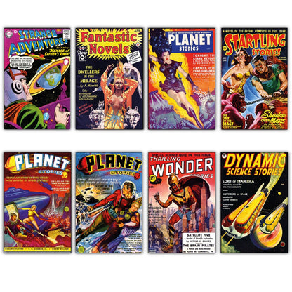 Set of 8 vintage sci-fi novels artwork fridge magnets featuring retro science fiction illustrations and vibrant designs.