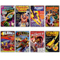 Set of 8 vintage sci-fi novels artwork fridge magnets featuring retro science fiction illustrations and vibrant designs.