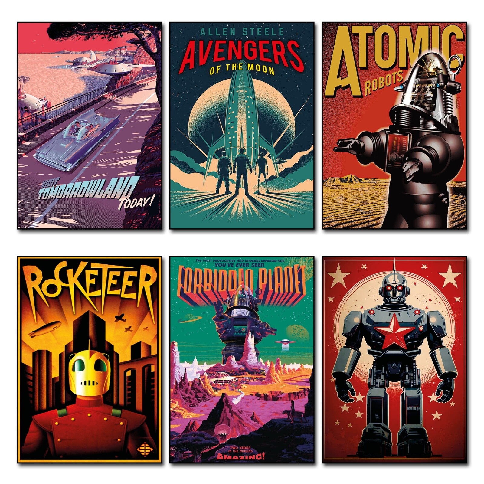 Set of six vintage retro sci-fi novel artwork fridge magnets featuring colorful space and futuristic themes.