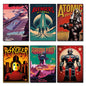 Set of six vintage retro sci-fi novel artwork fridge magnets featuring colorful space and futuristic themes.