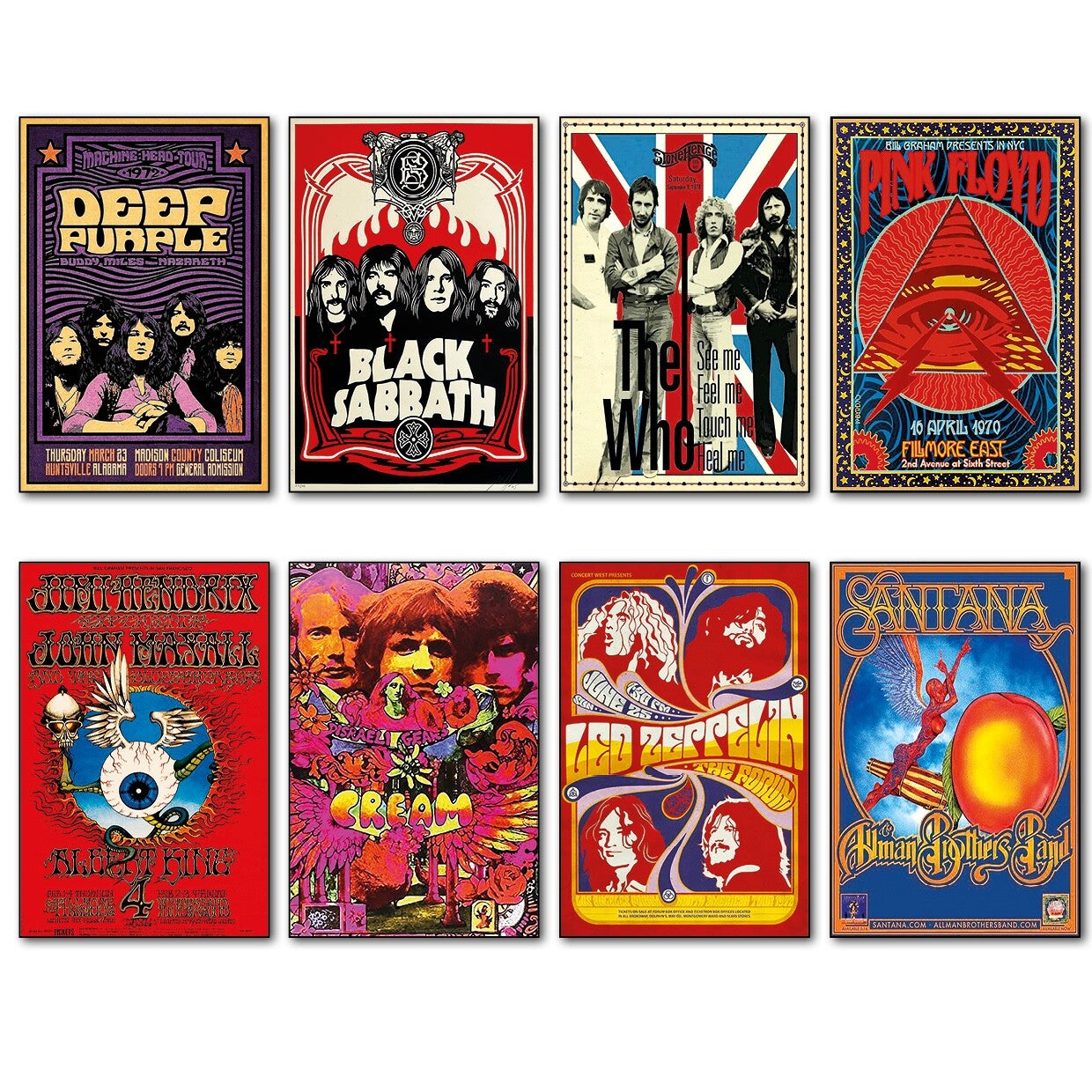 Set of 8 vintage 1960s and 70s psychedelic music posters fridge magnets featuring colorful, retro designs and bold graphic styles.