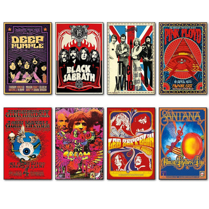 Set of 8 vintage 1960s and 70s psychedelic music posters fridge magnets featuring colorful, retro designs and bold graphic styles.