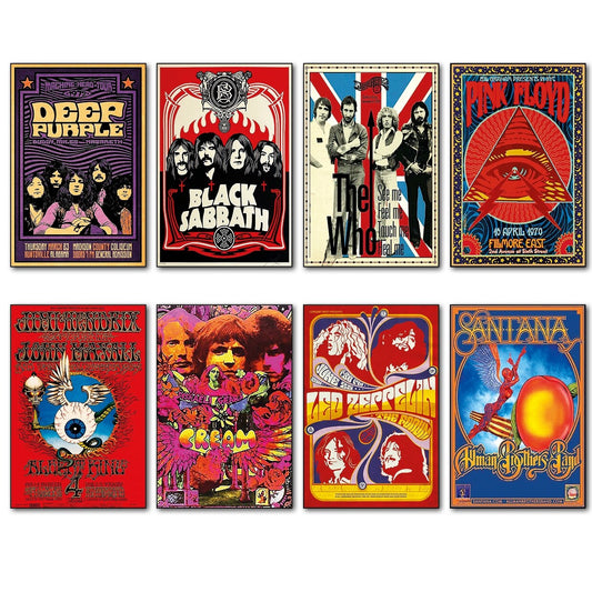 Set of 8 vintage 1960s and 70s psychedelic music posters fridge magnets featuring colorful, retro designs and bold graphic styles.