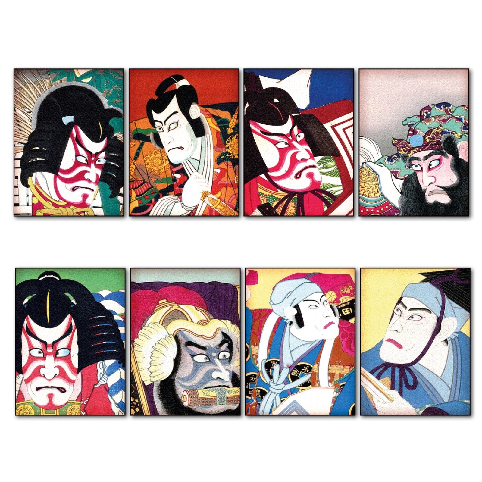 Japanese decorative art fridge magnets set of 8 featuring traditional Edo period kabuki characters, by Japanesse.