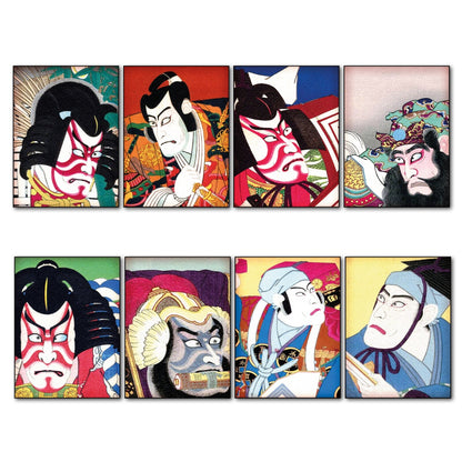Japanese decorative art fridge magnets set of 8 featuring traditional Edo period kabuki characters, by Japanesse.