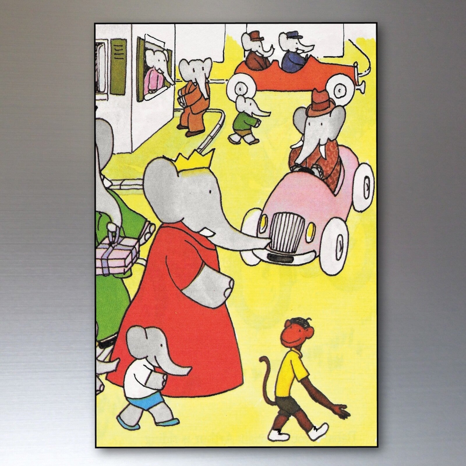 Set of 8 vintage Babar The Elephant fridge magnets featuring colorful French book illustrations, ideal for refrigerator decoration.