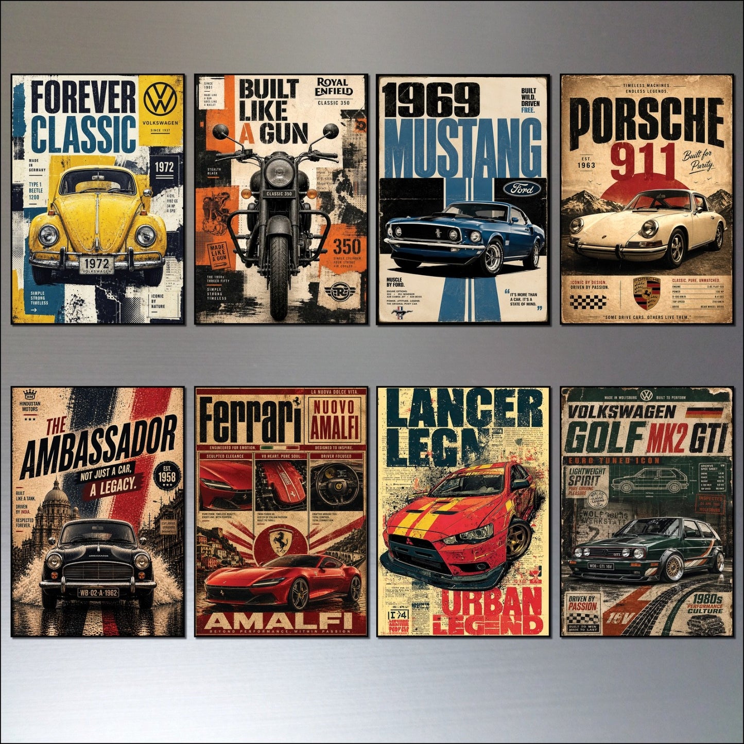 Set of 8 vintage classic car poster fridge magnets, featuring detailed automotive images for motor enthusiasts.