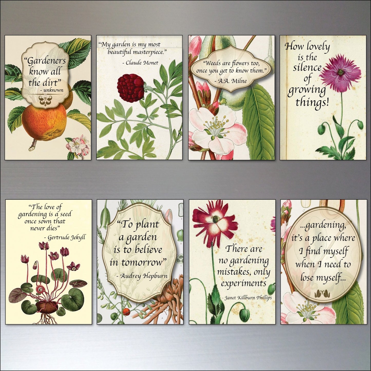 Set of 8 gardening inspiration quotes fridge magnets, featuring colorful designs and motivational messages for gardening enthusiasts.