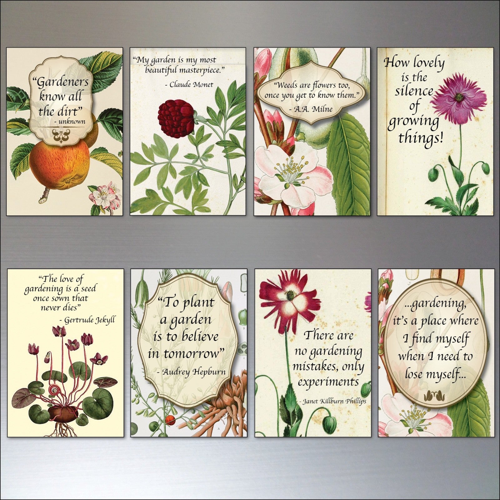 Set of 8 gardening inspiration quotes fridge magnets, featuring colorful designs and motivational messages for gardening enthusiasts.