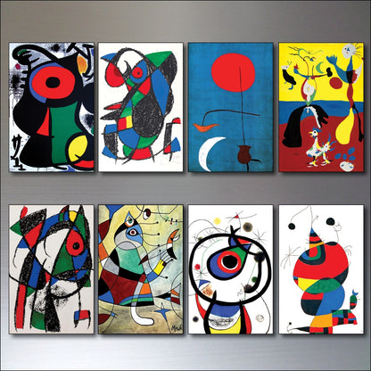 Set of 8 vintage Joan Miró surrealist fridge magnets featuring colorful Spanish art designs.
