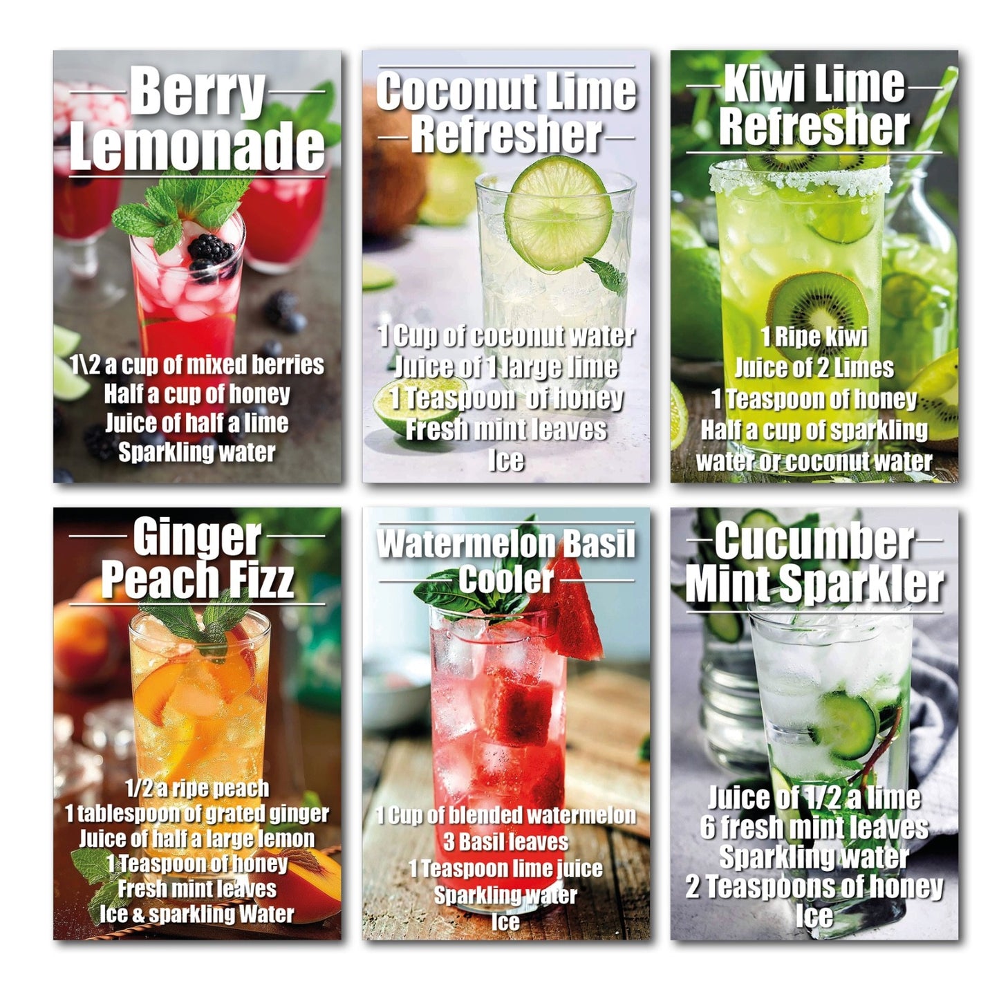Set of 6 Unbranded mocktail fridge magnets featuring non-alcoholic drink recipes, colorful and decorative kitchen accessories.
