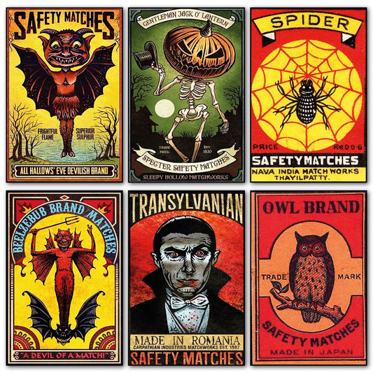 Set of six vintage Halloween horror comic cover fridge magnets featuring spooky, scary illustrations in a retro style.