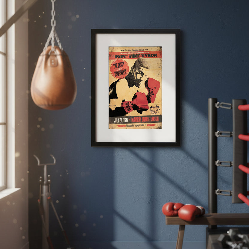 A framed vintage-style boxing poster featuring Mike Tyson with the text "The Beast of Brooklyn" and "Iron Mike Tyson," shown against a plain white background.