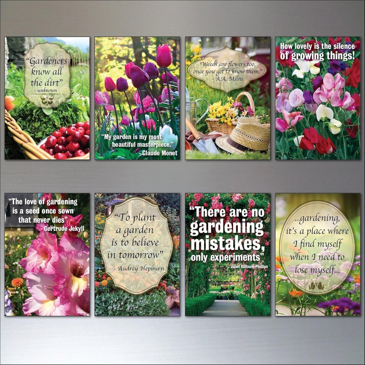 Set of 8 gardening inspiration quotes fridge magnets, featuring colorful floral designs and motivational messages.