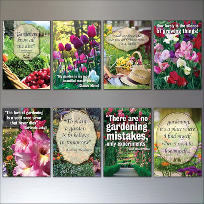 Set of 8 gardening inspiration quotes fridge magnets, featuring colorful floral designs and motivational messages.
